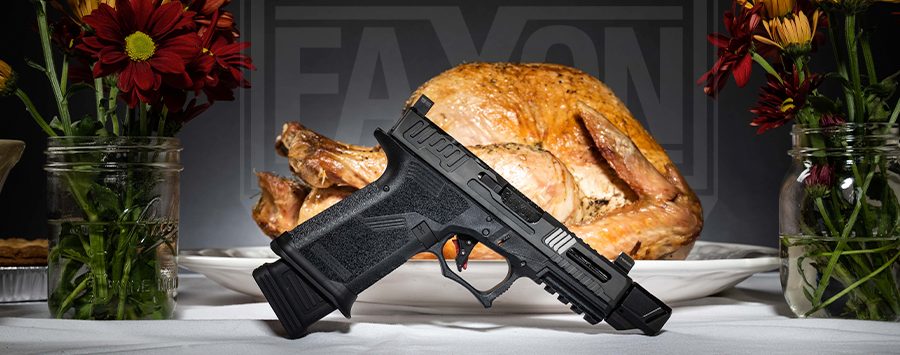 Faxon FX19 Hellfire in front of a turkey and flowers