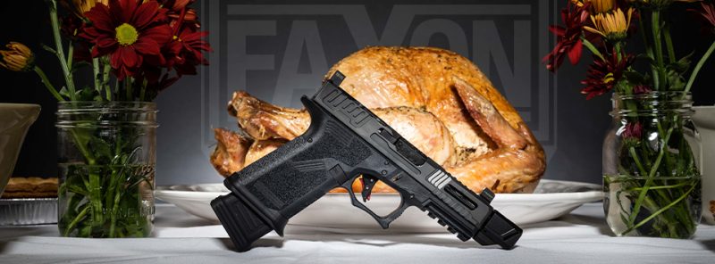 Faxon FX19 Hellfire in front of a turkey and flowers