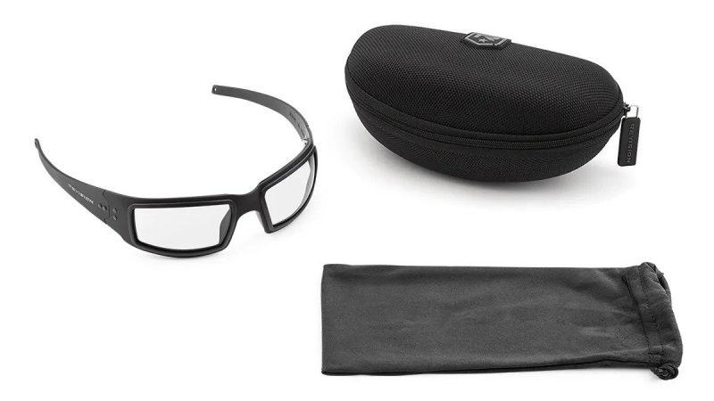 Product photos of the Speed Demon glasses, its hard case, and its soft case