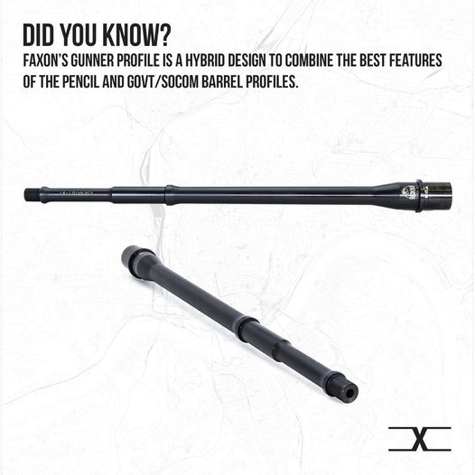 Infographic reads: Did you know? Faxon's gunner profile is a hybrid design to combine the best features of the pencil and govt/socom barrel profiles.